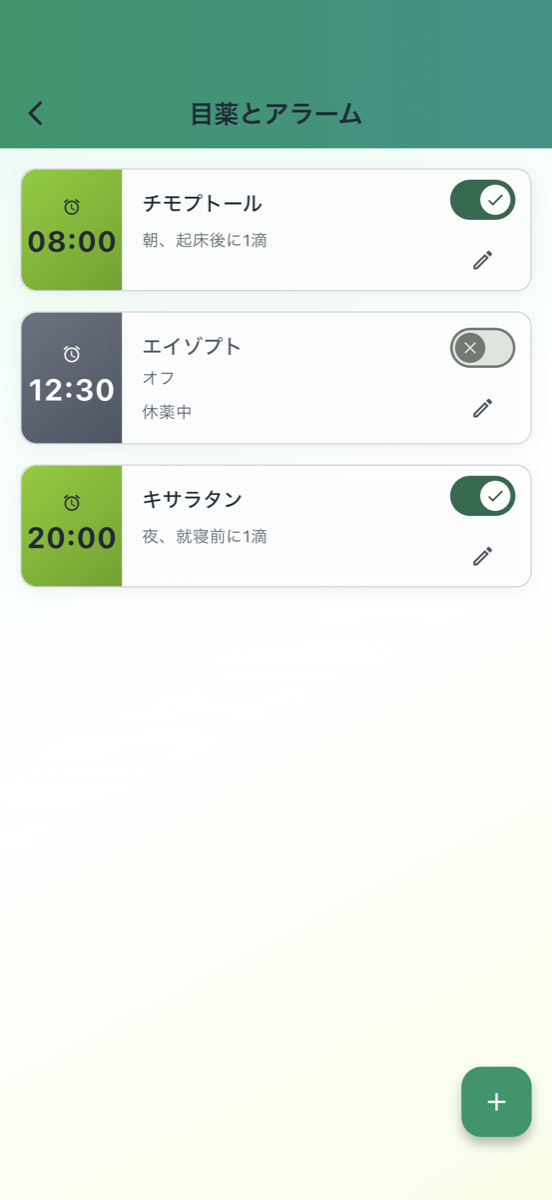 目薬とアラームの画面 - 目薬ごとの点眼時刻とアラームのオン・オフ
